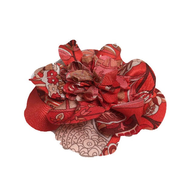 HERMES Brooch silk Red corsage flour Women Used