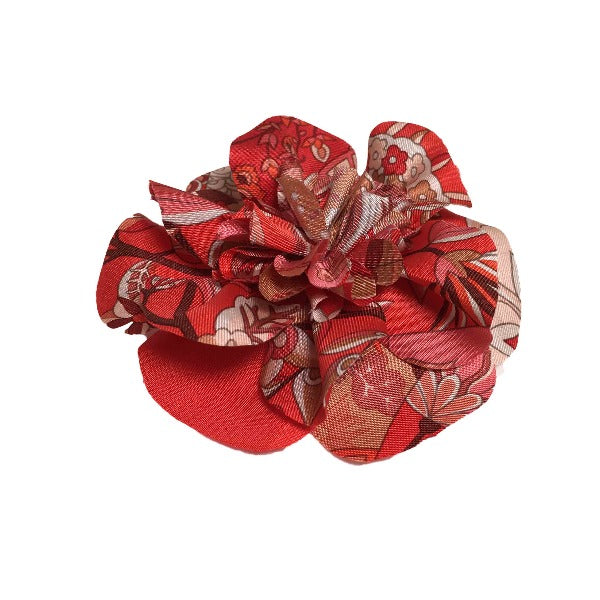 HERMES Brooch silk Red corsage flour Women Used