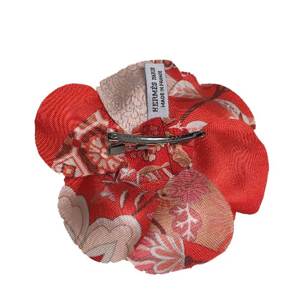 HERMES Brooch silk Red corsage flour Women Used