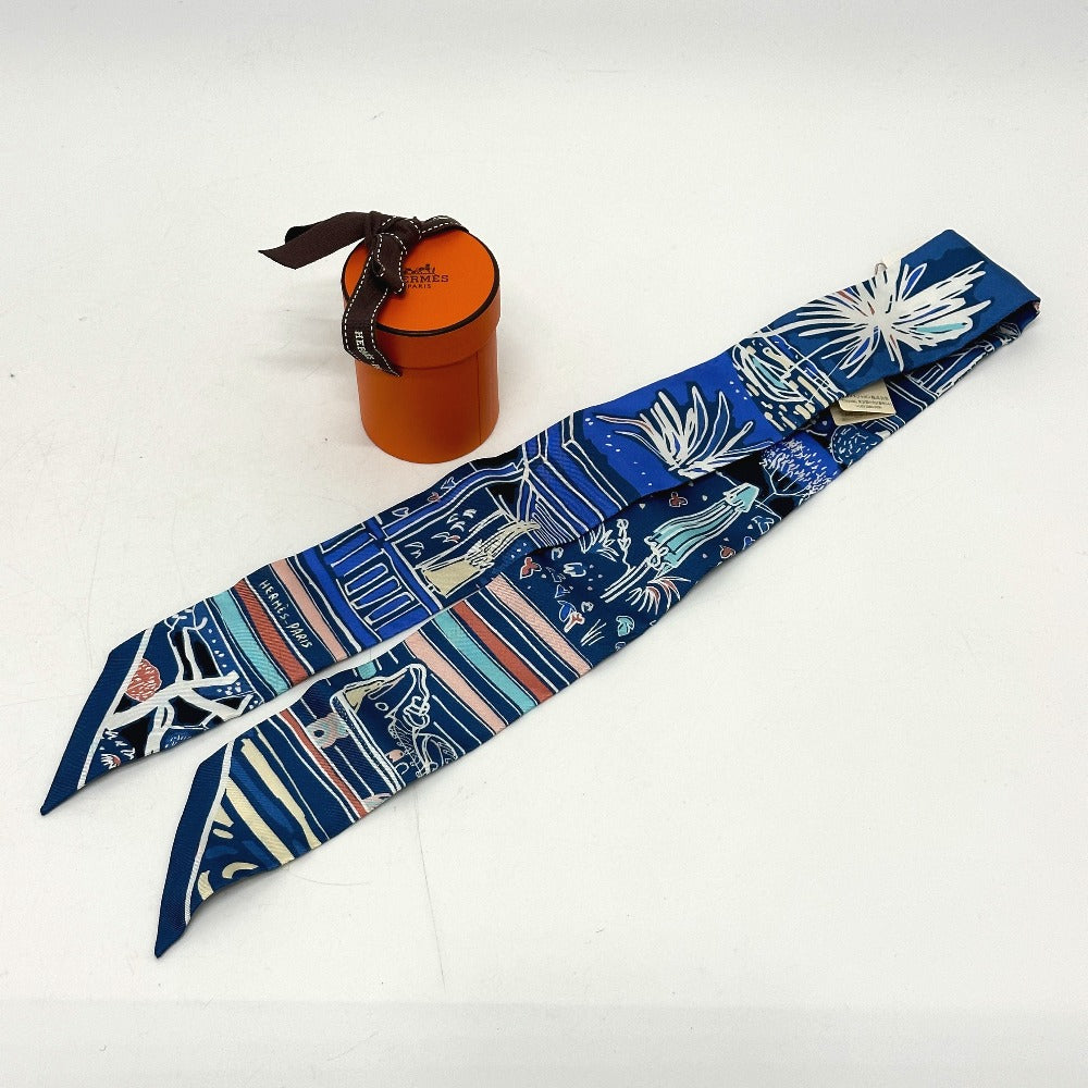 HERMES scarf silk blue RAYURES DETE Twilly Women Used