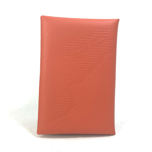 HERMES Card Case Swift Orange Business Card Holder Pass Case kalvi palm tree design