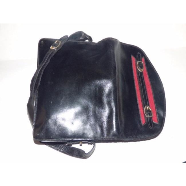 Gucci, black, glossy leather, large, multiple compartment, envelope top, shoulder bag with inlaid red/blue stripe and buckles & unique strap