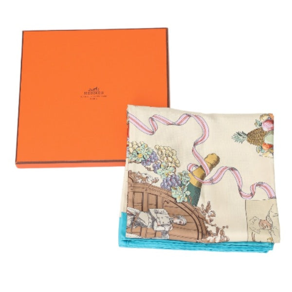 HERMES scarf silk blue scarf With Box 100% silk unisex(Unisex) Used