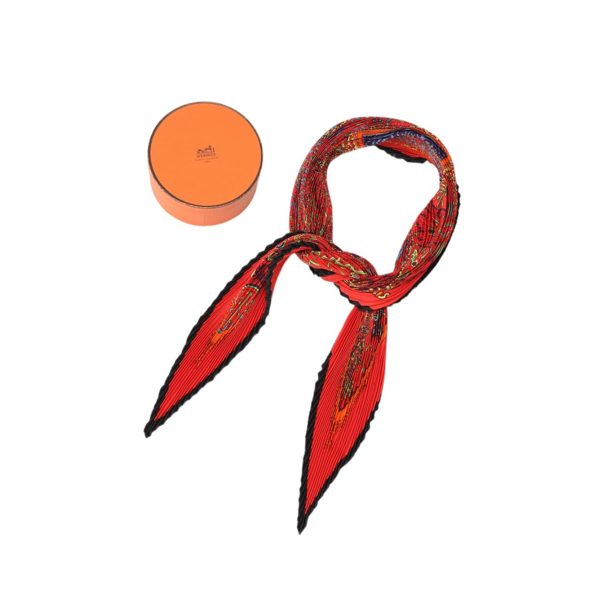 HERMES scarf silk Red Pleated scarf 100% silk unisex(Unisex) Used