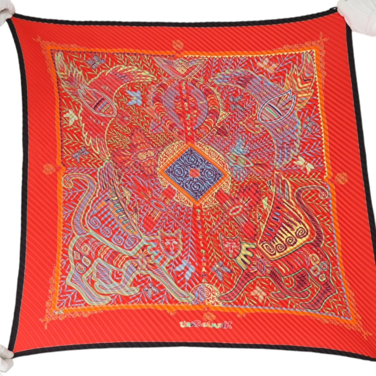 HERMES scarf silk Red Pleated scarf 100% silk unisex(Unisex) Used