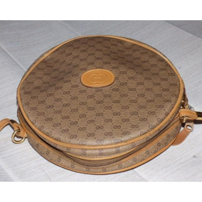 Gucci Vintage Camel Leather And Small G Logo Print Coated Canvas In Shades Of Browns