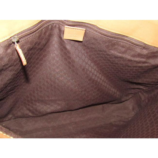 Gucci Vintage Tan Leather With Tan And Brown Striped Accents Fabric Handles