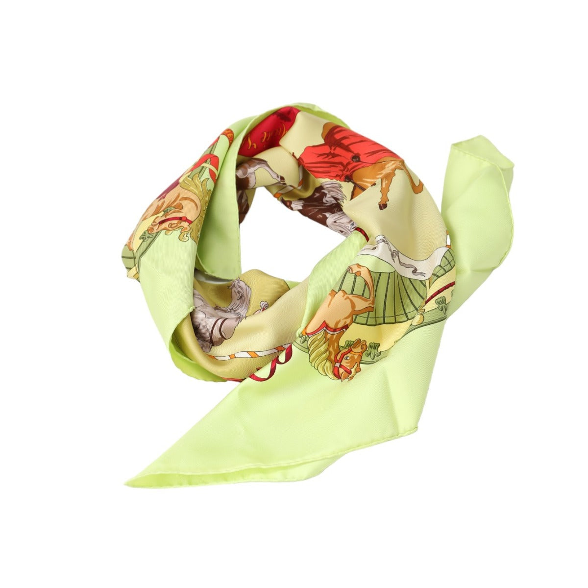HERMES scarf silk Yellowish green Stall Chantilly Castle Horse Museum Carre90 Women Used