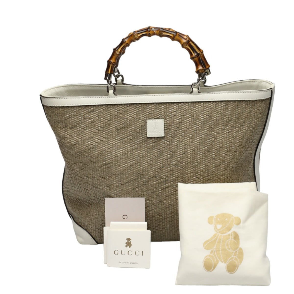 GUCCI Handbag 311175 canvas Beige x white Handbag Straw leather Bamboo Shopper Women Used