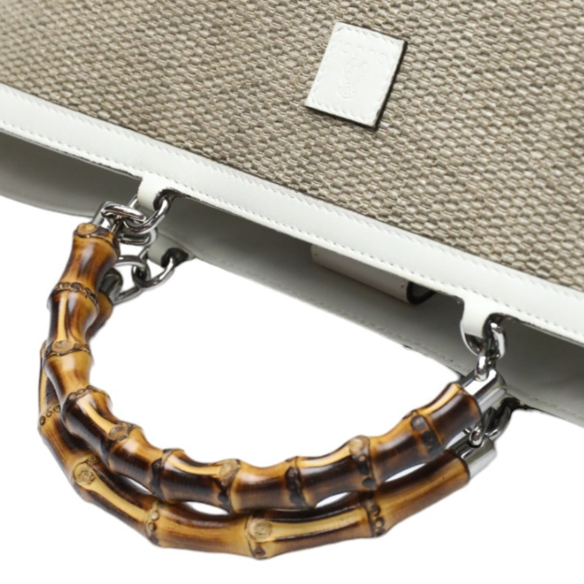 GUCCI Handbag 311175 canvas Beige x white Handbag Straw leather Bamboo Shopper Women Used