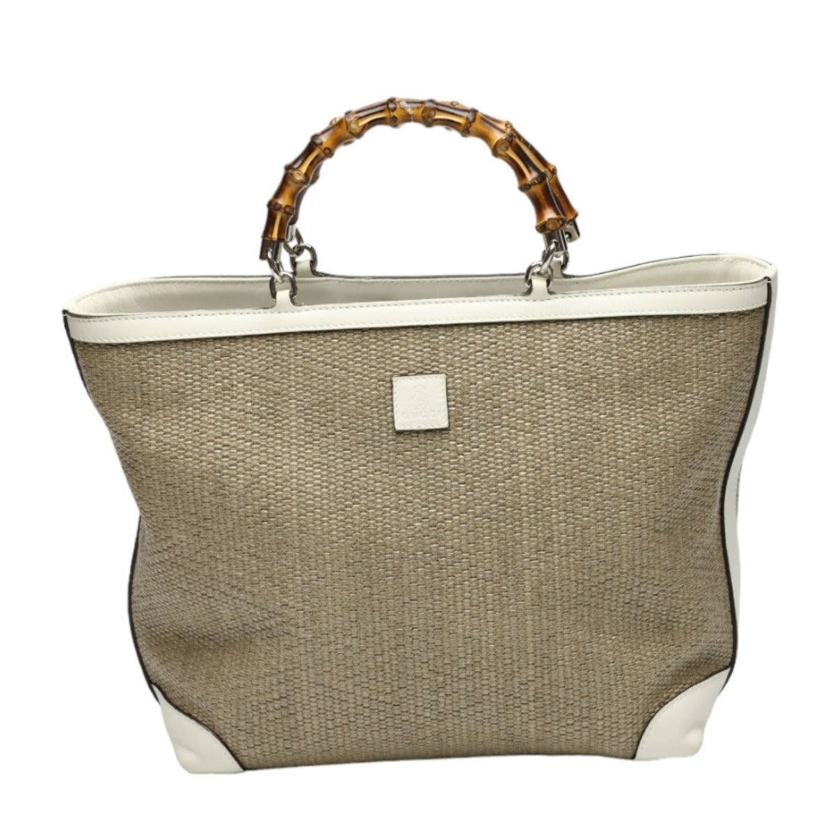 GUCCI Handbag 311175 canvas Beige x white Handbag Straw leather Bamboo Shopper Women Used