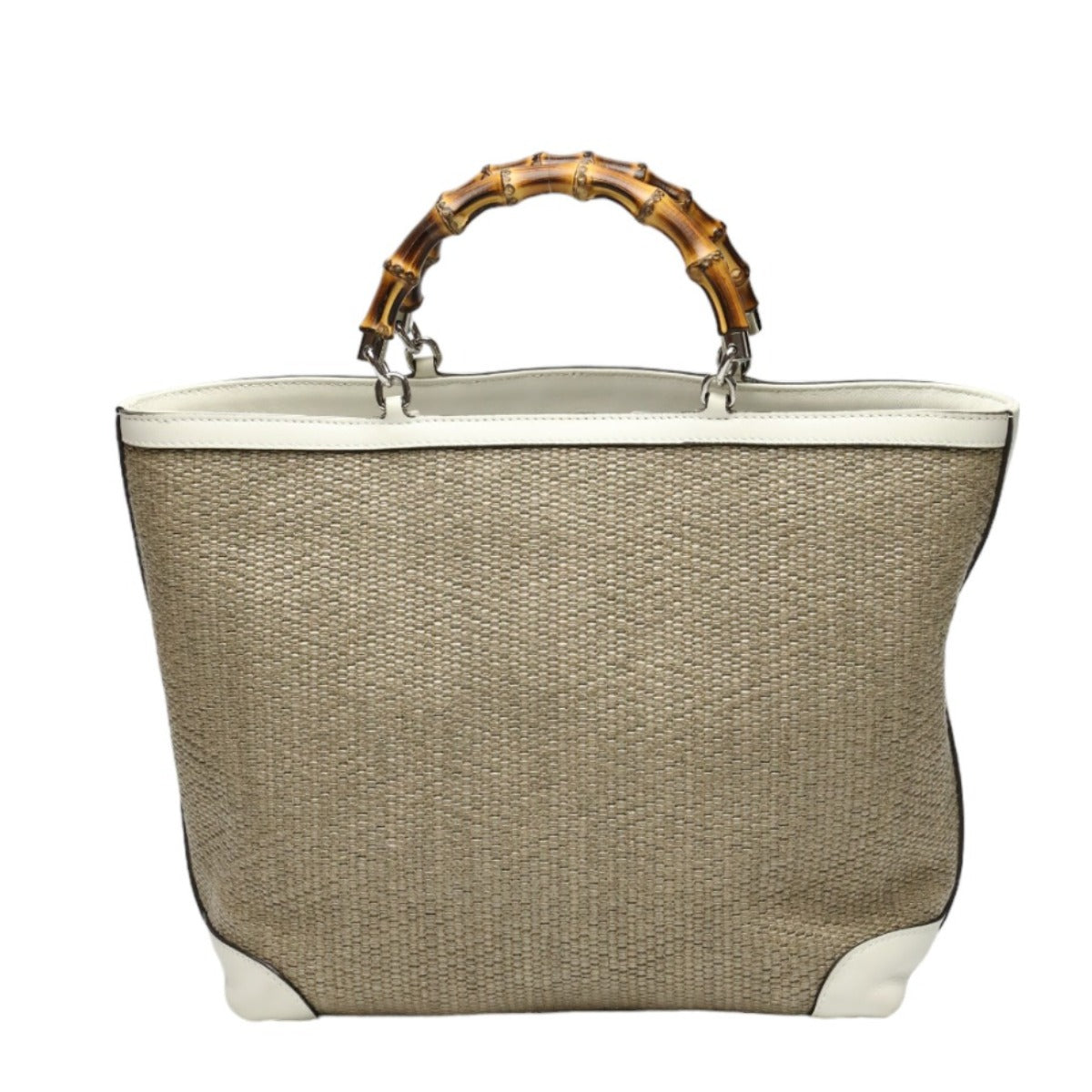 GUCCI Handbag 311175 canvas Beige x white Handbag Straw leather Bamboo Shopper Women Used