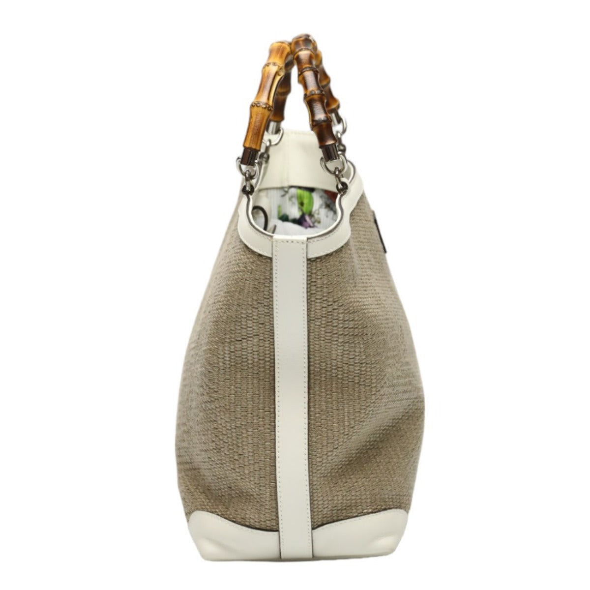 GUCCI Handbag 311175 canvas Beige x white Handbag Straw leather Bamboo Shopper Women Used