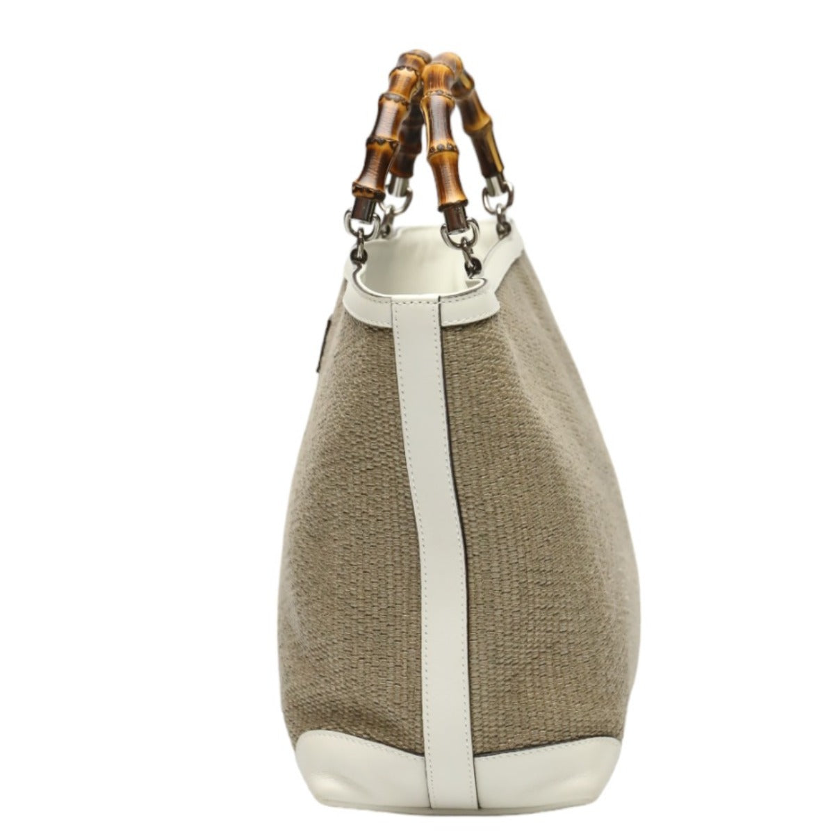 GUCCI Handbag 311175 canvas Beige x white Handbag Straw leather Bamboo Shopper Women Used