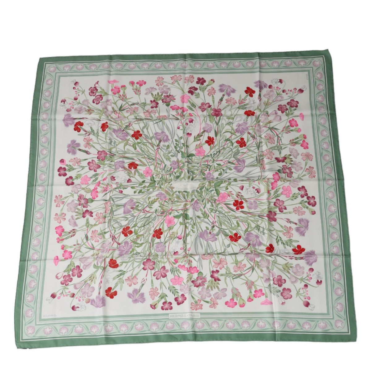 HERMES scarf silk green scarf flour wild carnations and dianthus Women Used