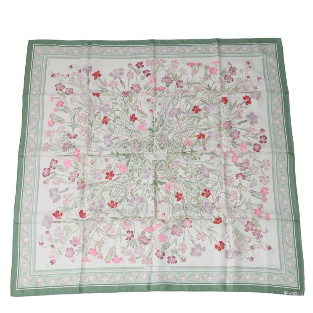 HERMES scarf silk green scarf flour wild carnations and dianthus Women Used