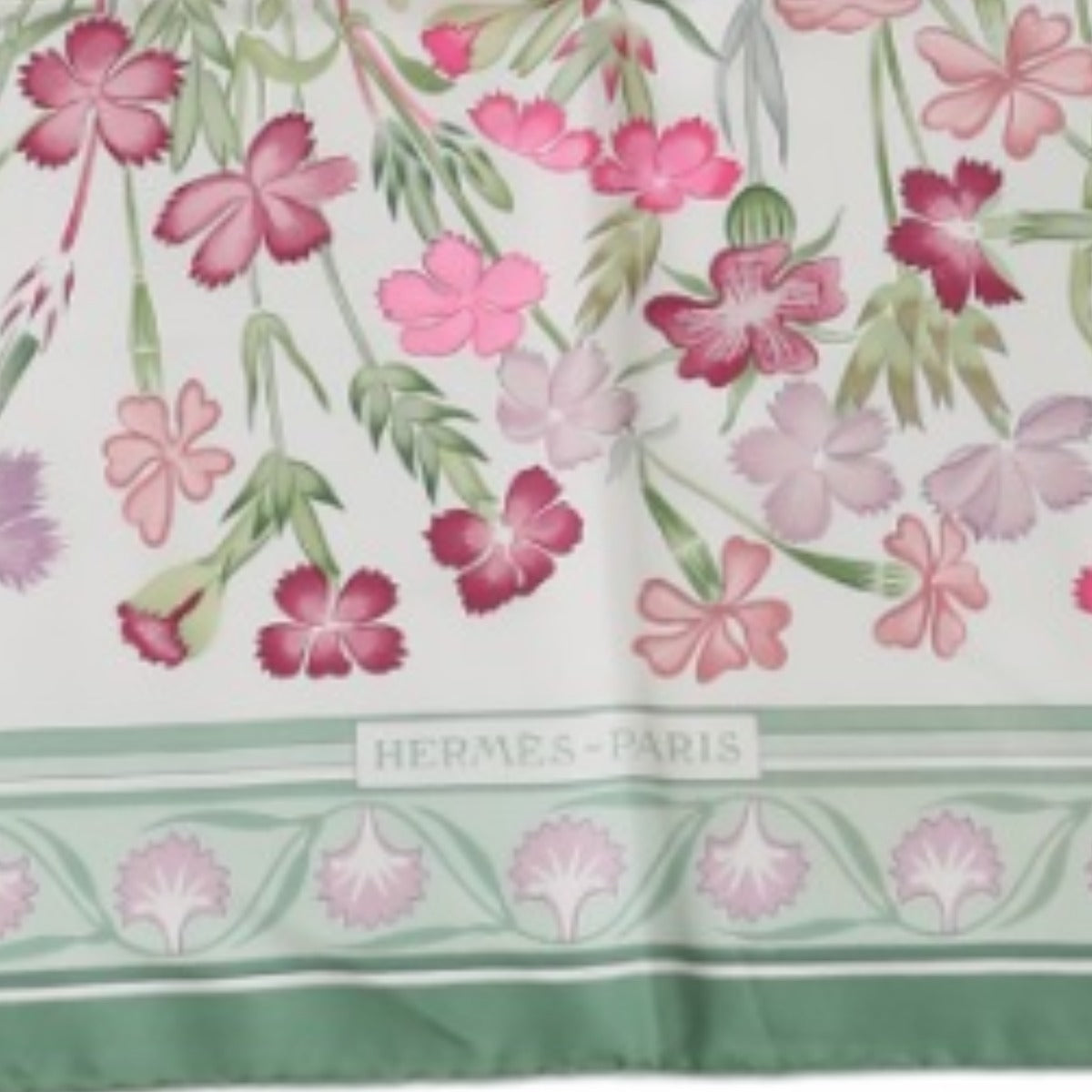 HERMES scarf silk green scarf flour wild carnations and dianthus Women Used