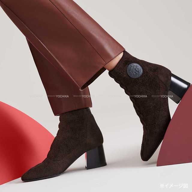 HERMES boots Short Boots Volver 60 Chestnut/Black Chenille knit/Calfskin ＃36