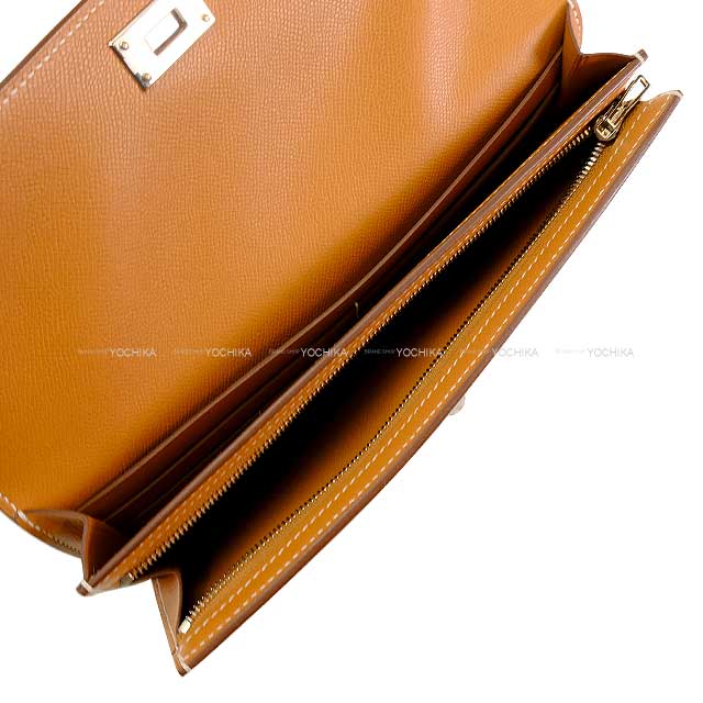 HERMES change purse Kelly Pocket Long Wallet Strap Clutch Bag  Gold Veau madame Silver HW Stamp