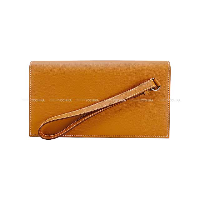 HERMES change purse Kelly Pocket Long Wallet Strap Clutch Bag  Gold Veau madame Silver HW Stamp