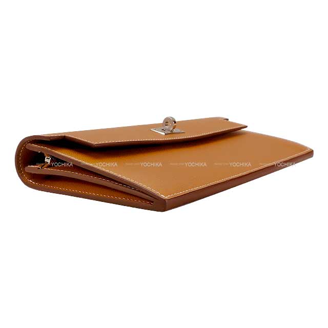HERMES change purse Kelly Pocket Long Wallet Strap Clutch Bag  Gold Veau madame Silver HW Stamp
