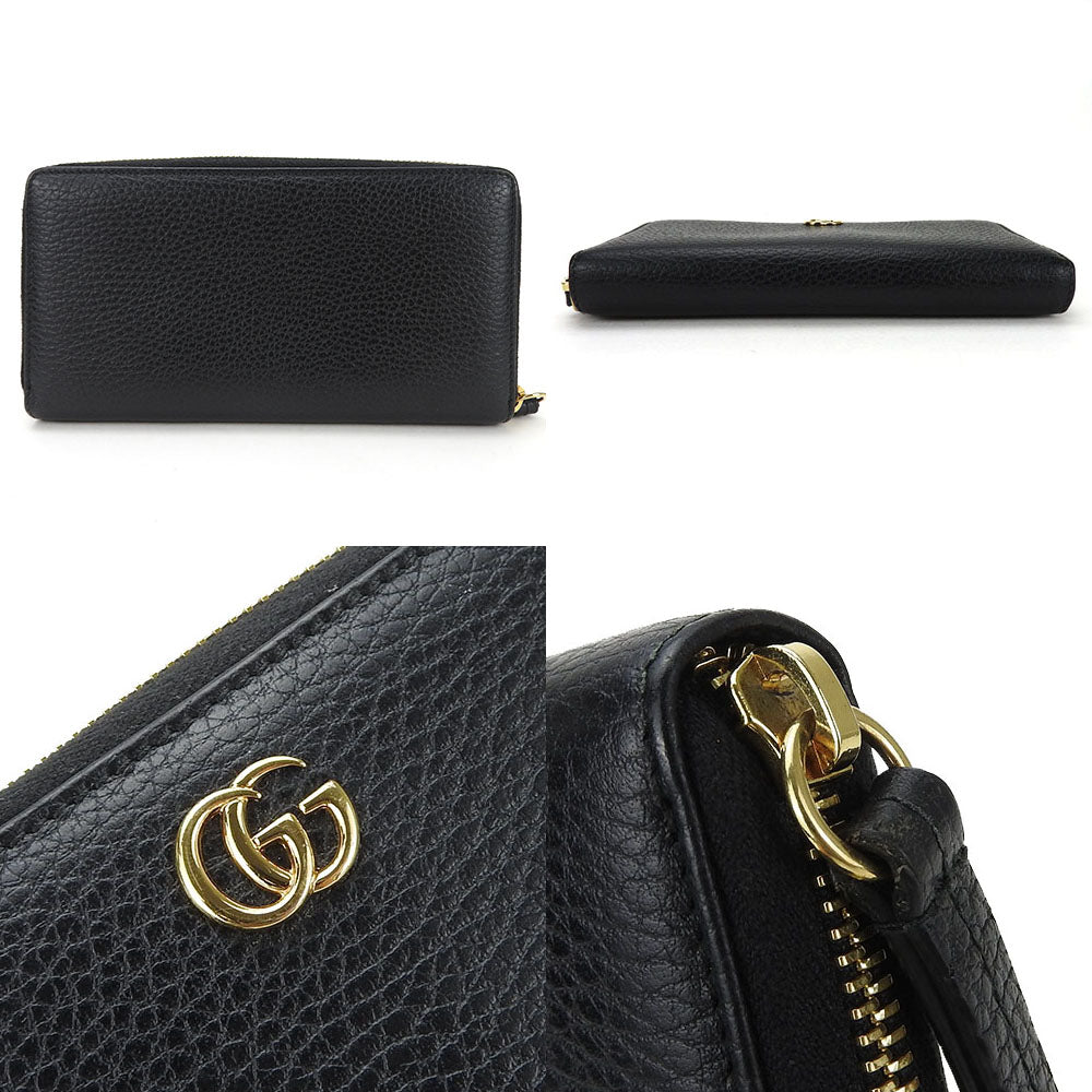 GUCCI Long Wallet Purse 456117 leather black GG Marmont Zip Around Women Used