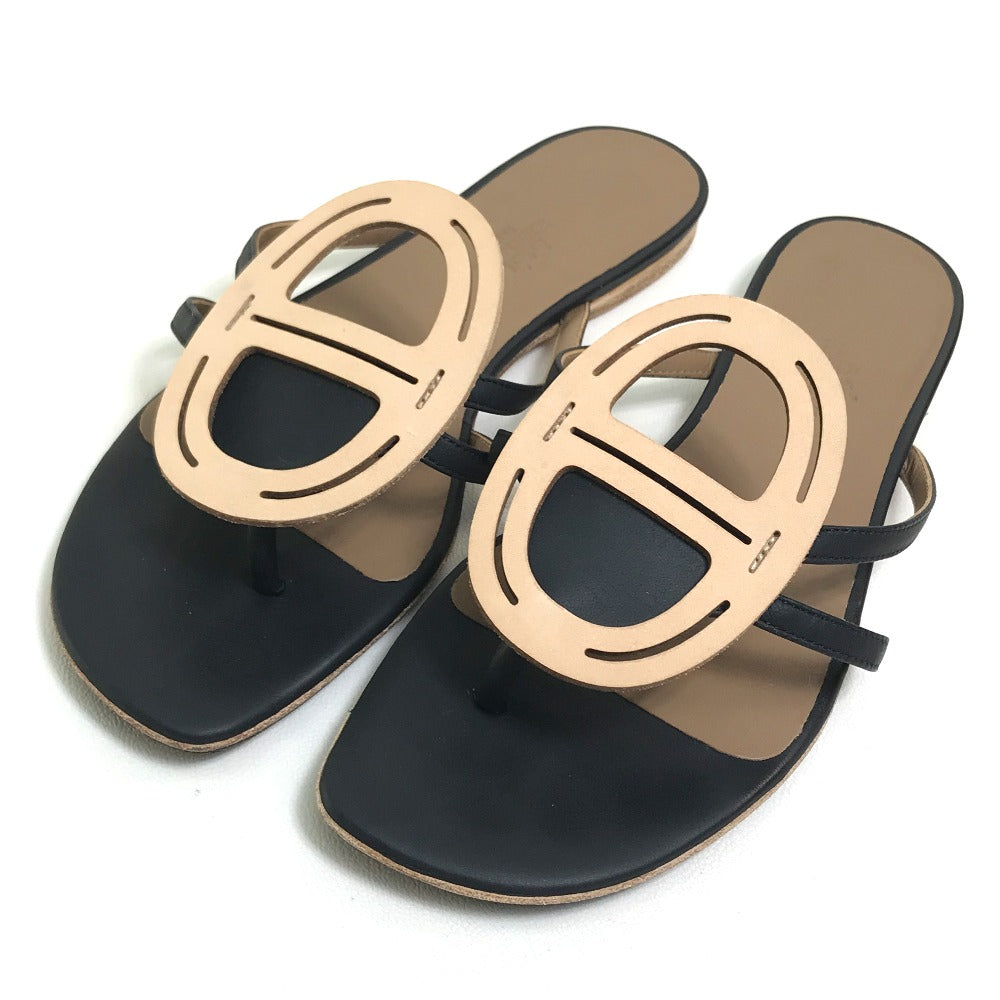 HERMES Sandals leather Beige x black x brown Chene Dunkle 37