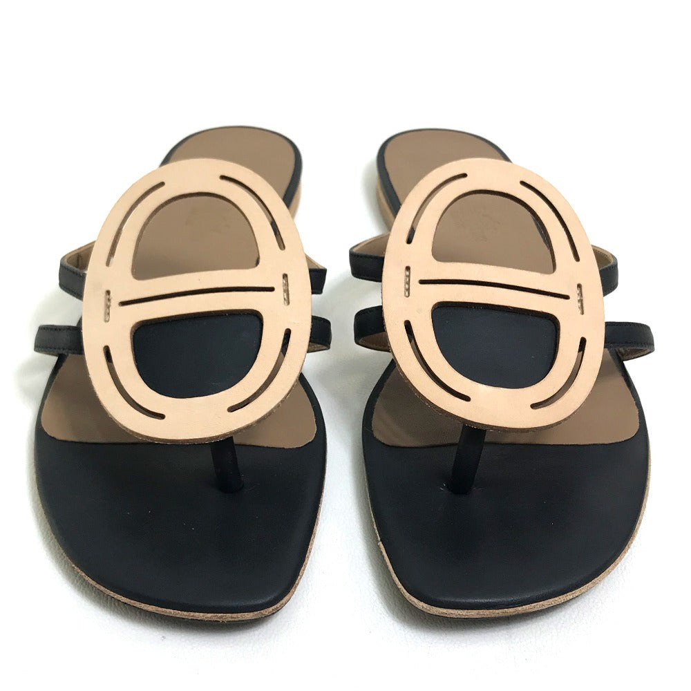 HERMES Sandals leather Beige x black x brown Chene Dunkle 37