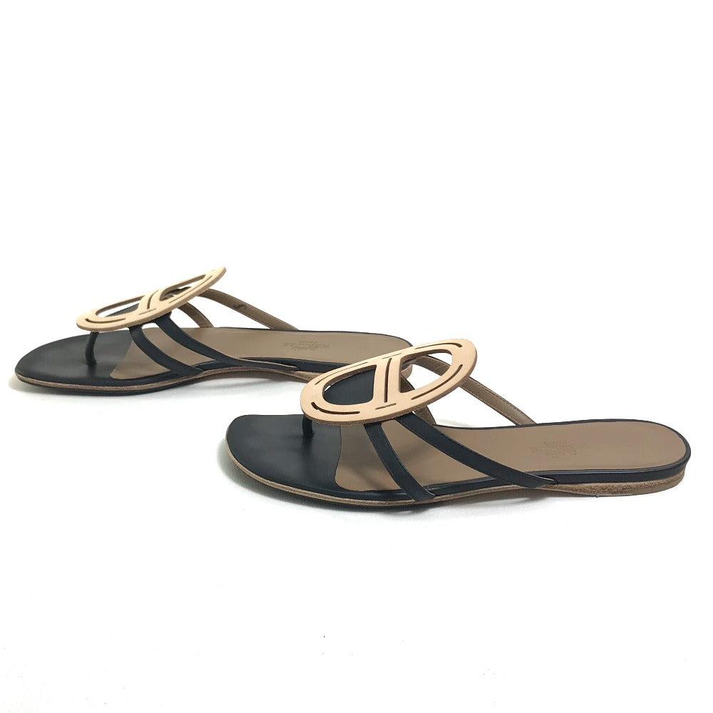 HERMES Sandals leather Beige x black x brown Chene Dunkle 37