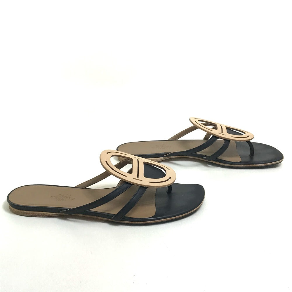 HERMES Sandals leather Beige x black x brown Chene Dunkle 37