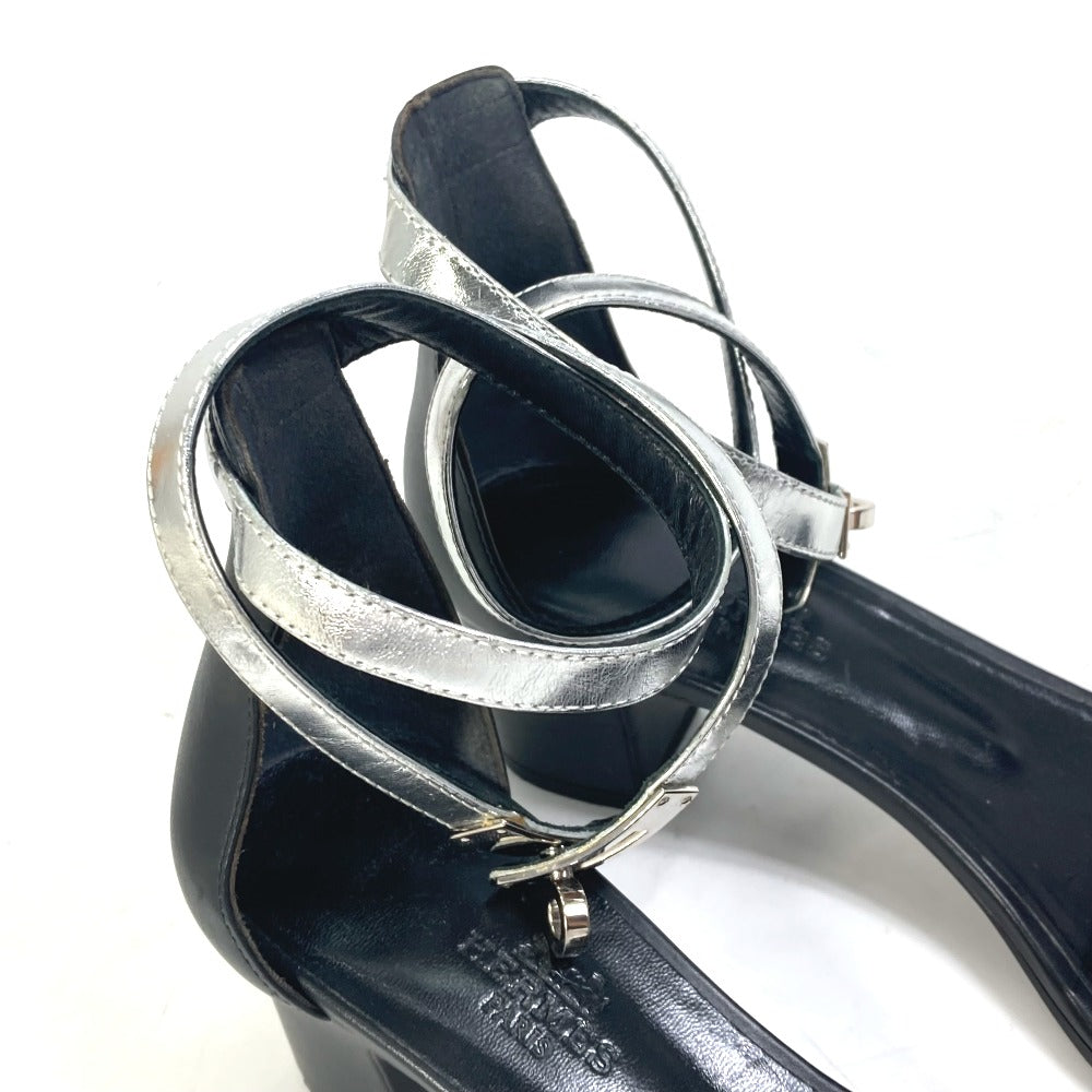 HERMES Sandals leather Silver Two-tone heel shoes Money 37 1/2