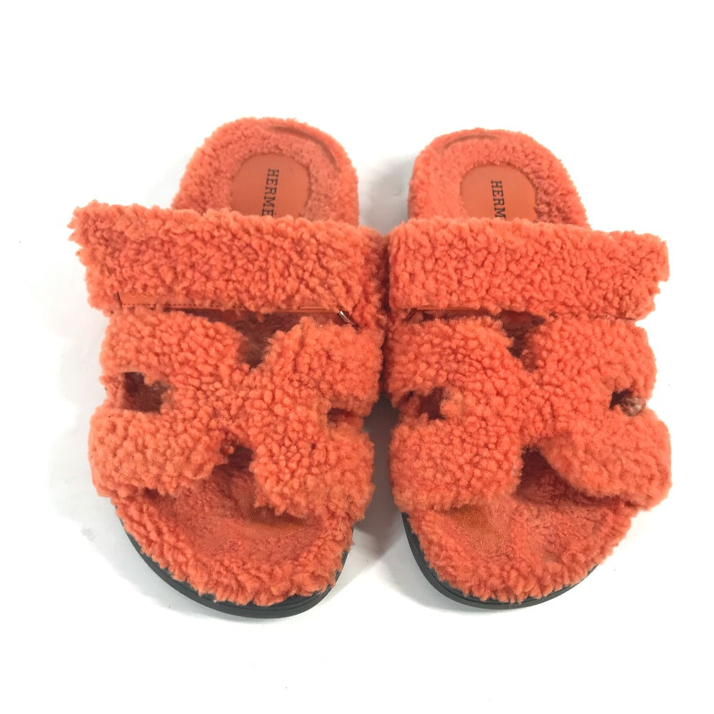HERMES Sandals Sheepskin, Mouton Orange Fluffy H logo shoes flats Sandals "Chypre" Women 36 Used