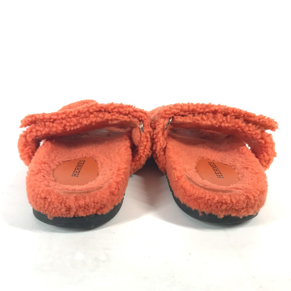 HERMES Sandals Sheepskin, Mouton Orange Fluffy H logo shoes flats Sandals "Chypre" Women 36 Used