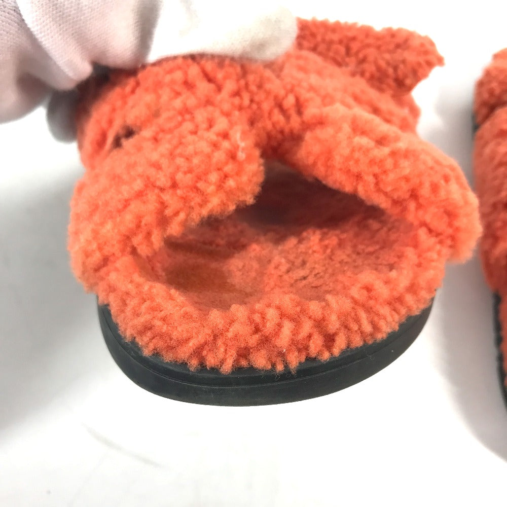 HERMES Sandals Sheepskin, Mouton Orange Fluffy H logo shoes flats Sandals "Chypre" Women 36 Used