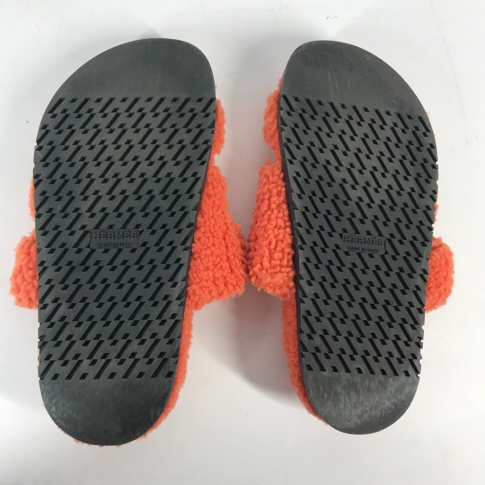HERMES Sandals Sheepskin, Mouton Orange Fluffy H logo shoes flats Sandals "Chypre" Women 36 Used