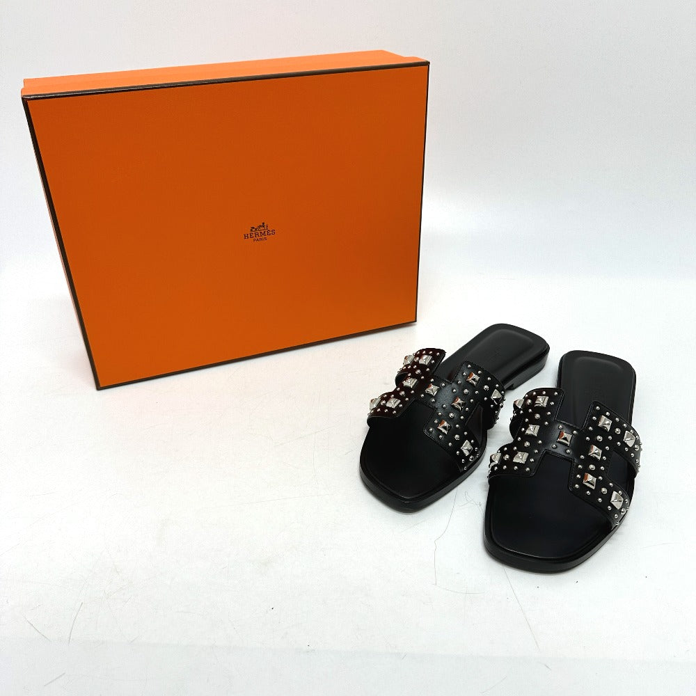 HERMES Sandals leather black Meador Oran 36