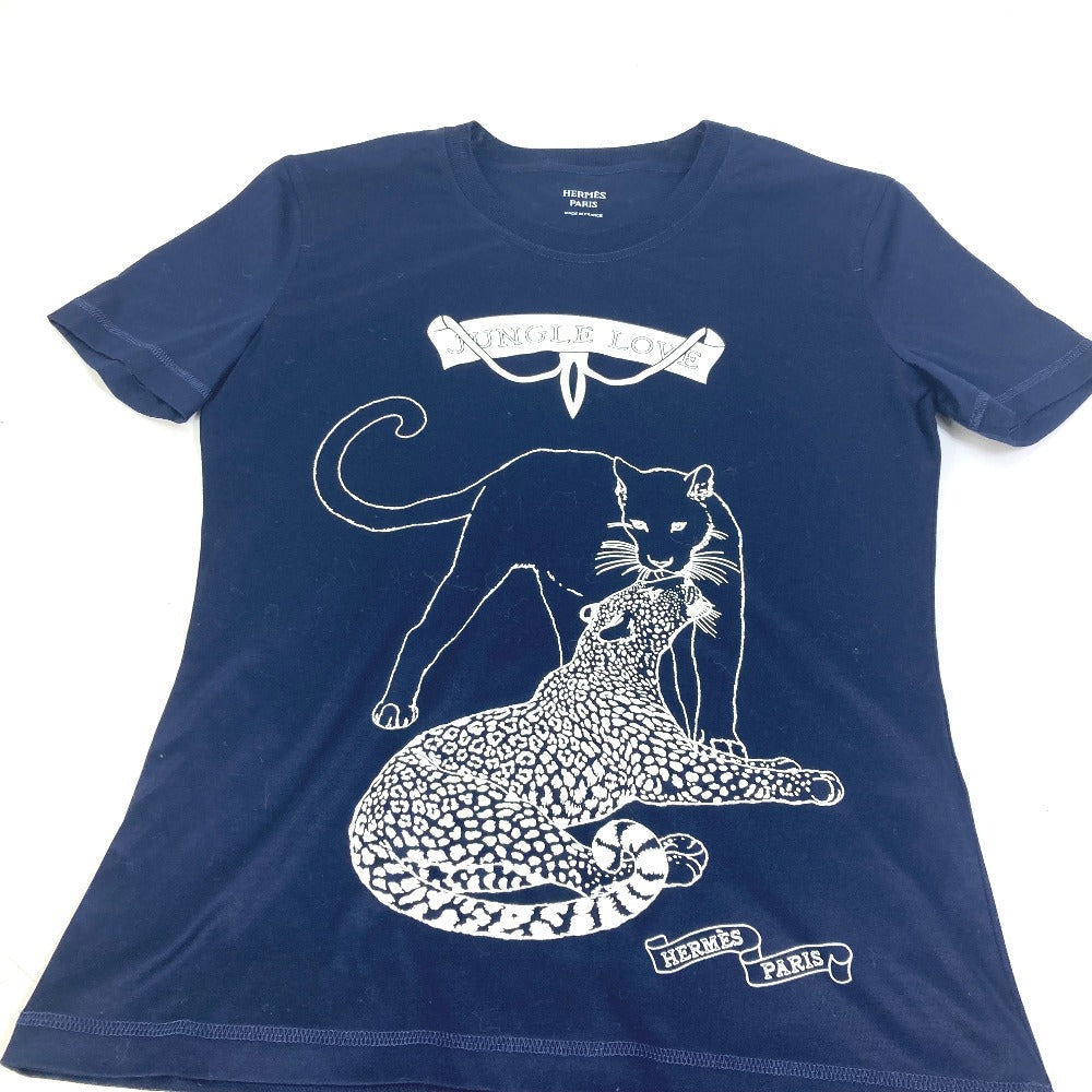 HERMES Short sleeve T-shirt cotton Navy leopard leopard leopard Jungle Love logo Women 34 Used
