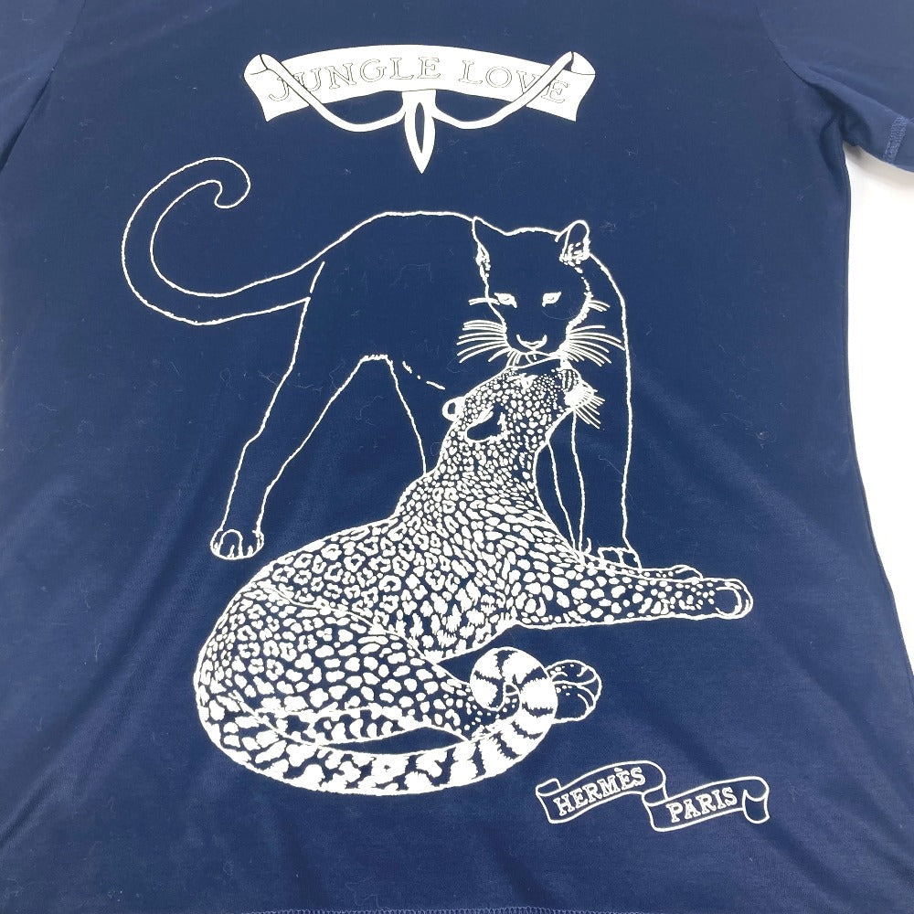 HERMES Short sleeve T-shirt cotton Navy leopard leopard leopard Jungle Love logo Women 34 Used
