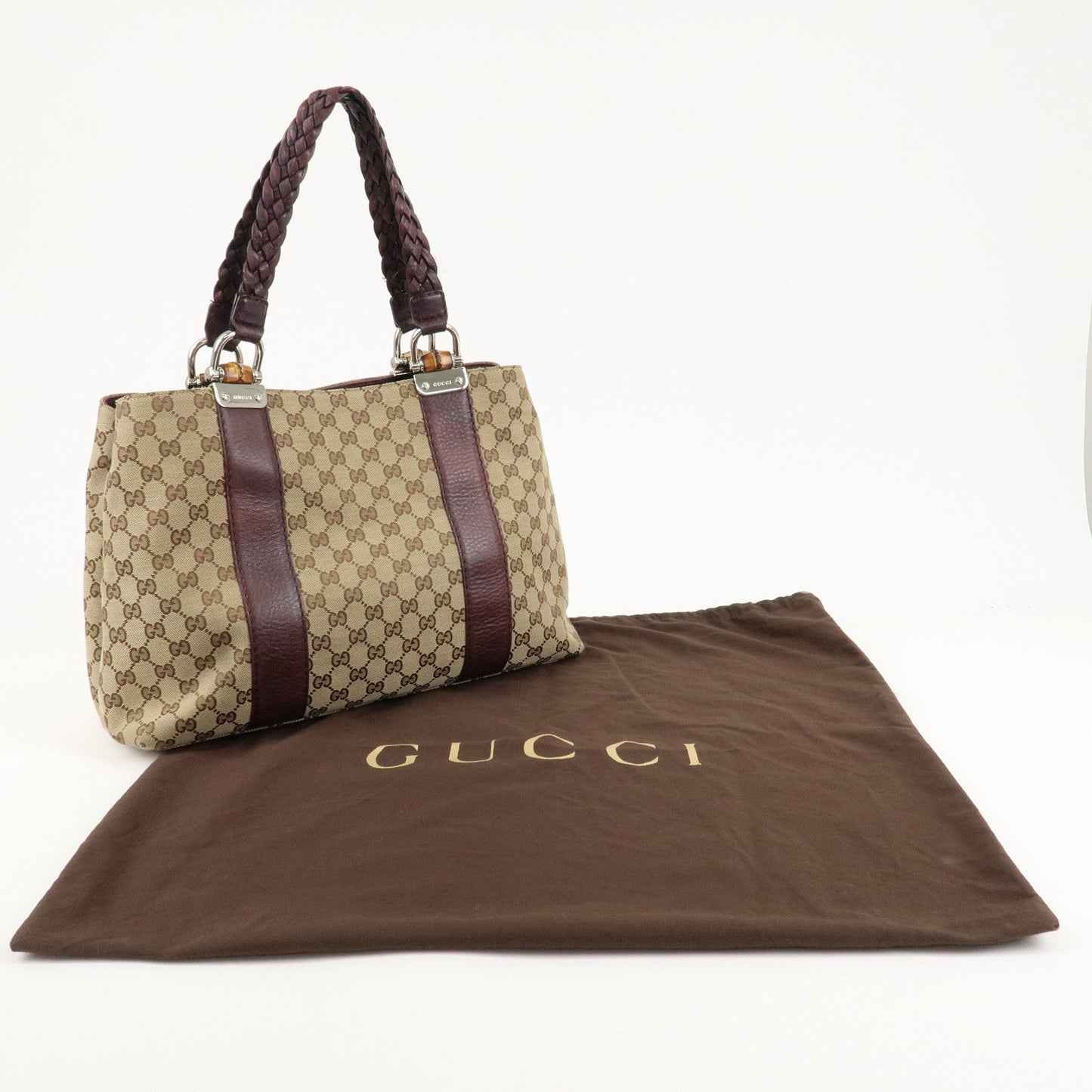 GUCCI Bamboo Bar GG Canvas Leather Tote Bag Beige Brown 232947