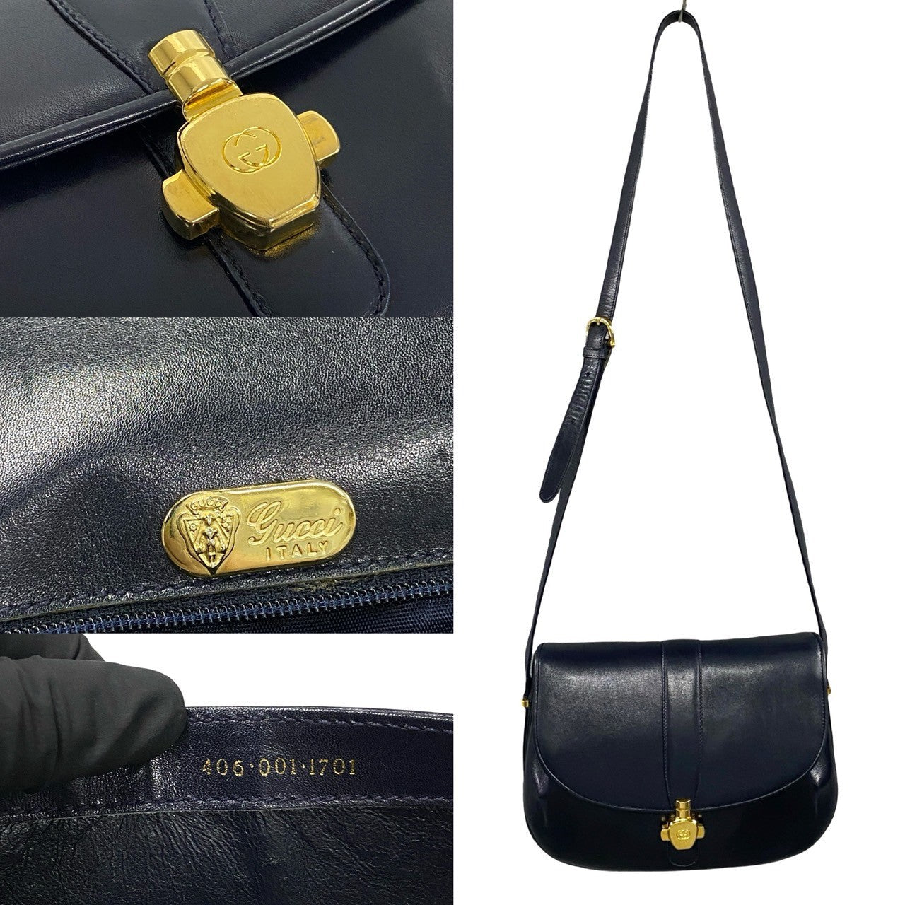 GUCCI Shoulder Bag Calfskin, Leather Navy GG logo Metal Women Used