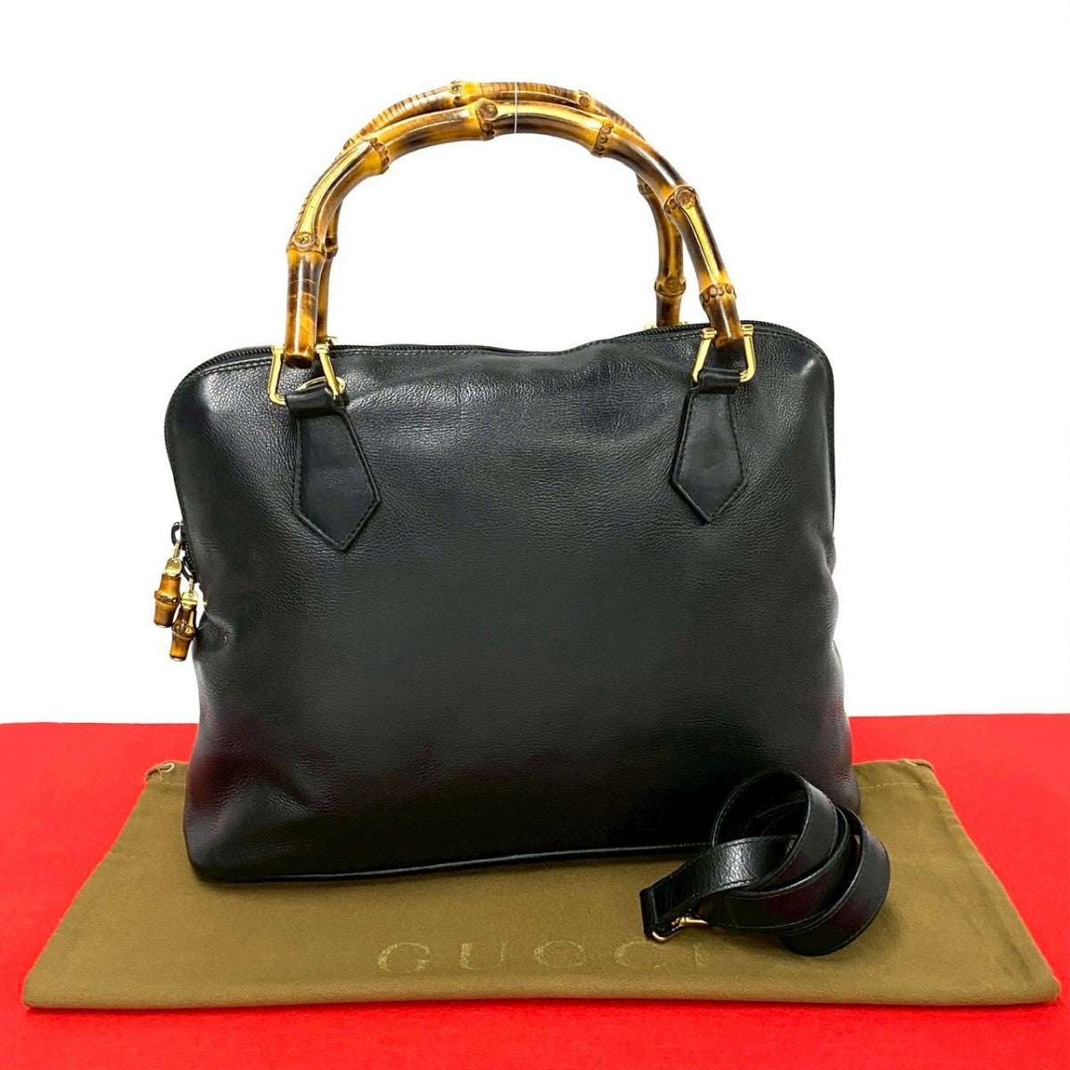 GUCCI Shoulder Bag leather black Bamboo