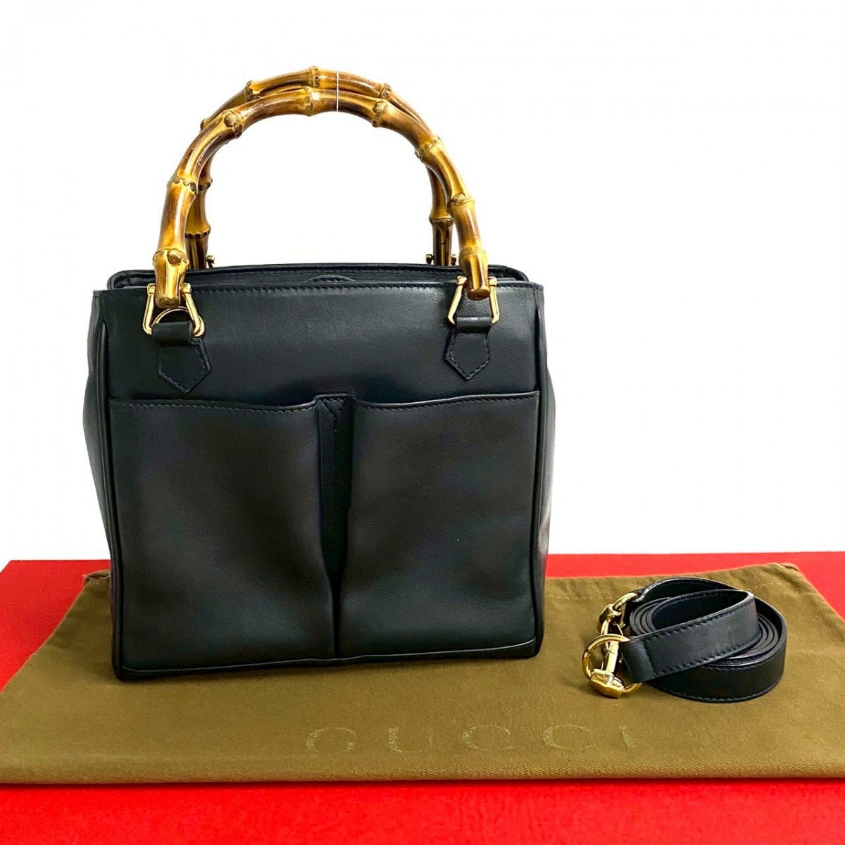 GUCCI Handbag leather Navy Bamboo