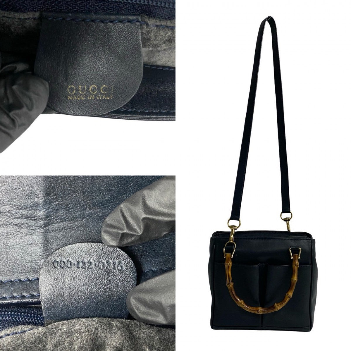 GUCCI Handbag leather Navy Bamboo