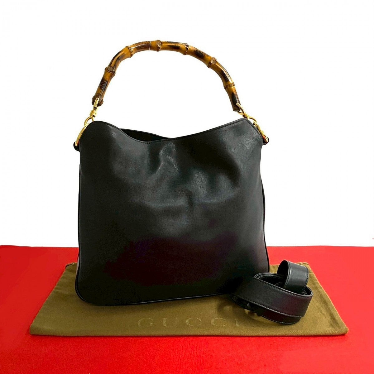 GUCCI Shoulder Bag leather black Bamboo