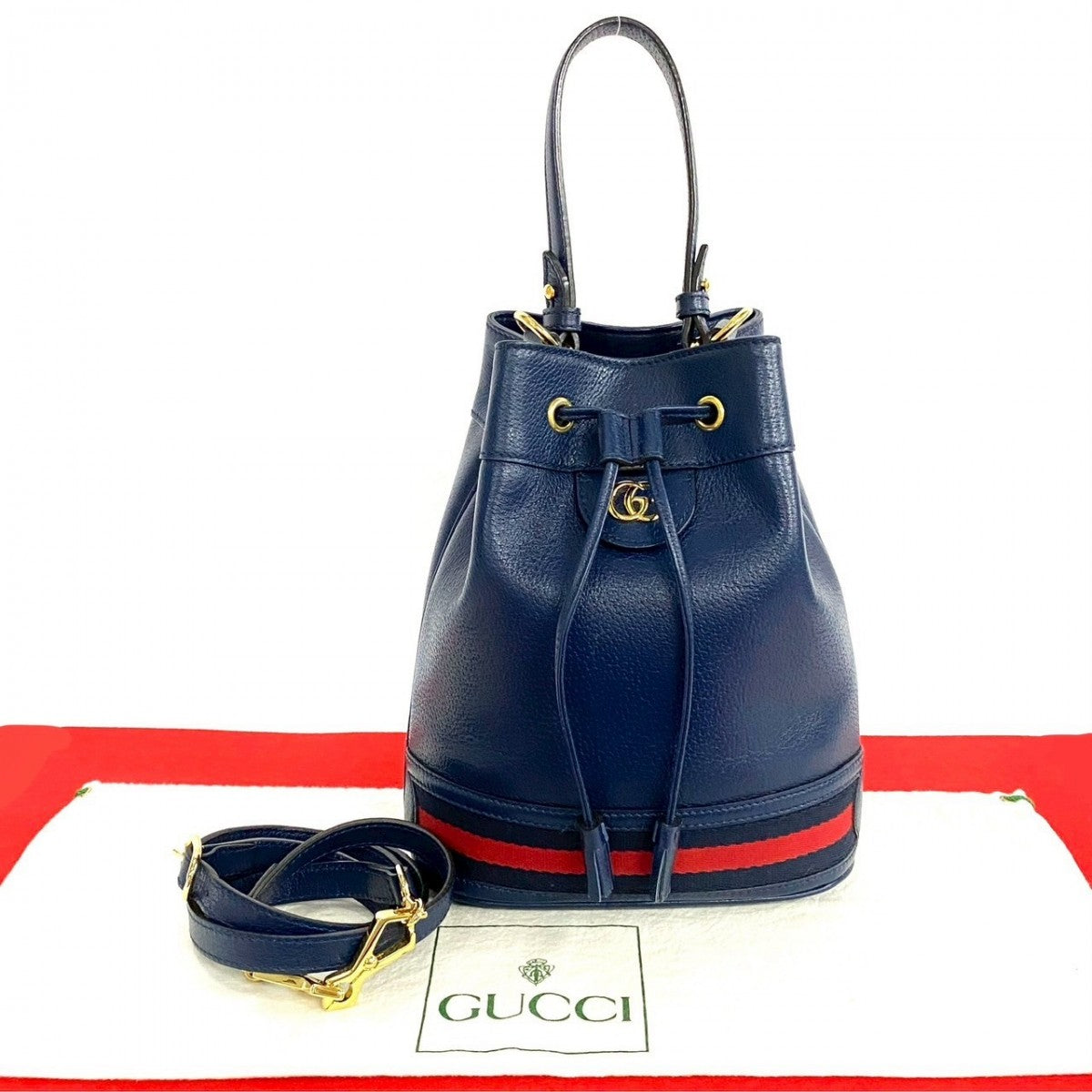 GUCCI Shoulder Bag leather Navy Off Deer Small Bucket Bag
