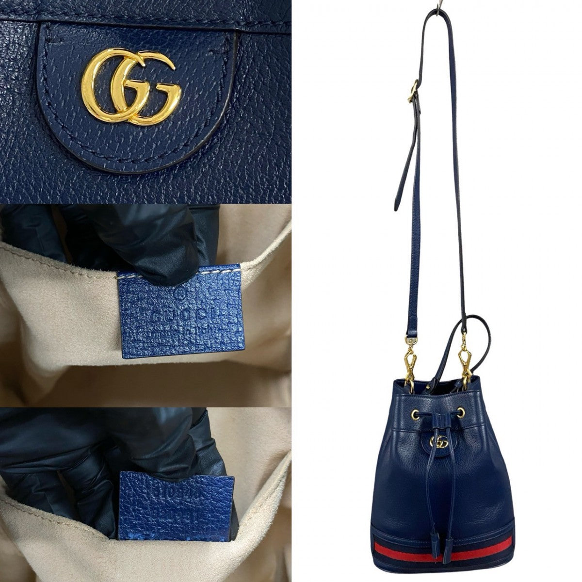 GUCCI Shoulder Bag leather Navy Off Deer Small Bucket Bag