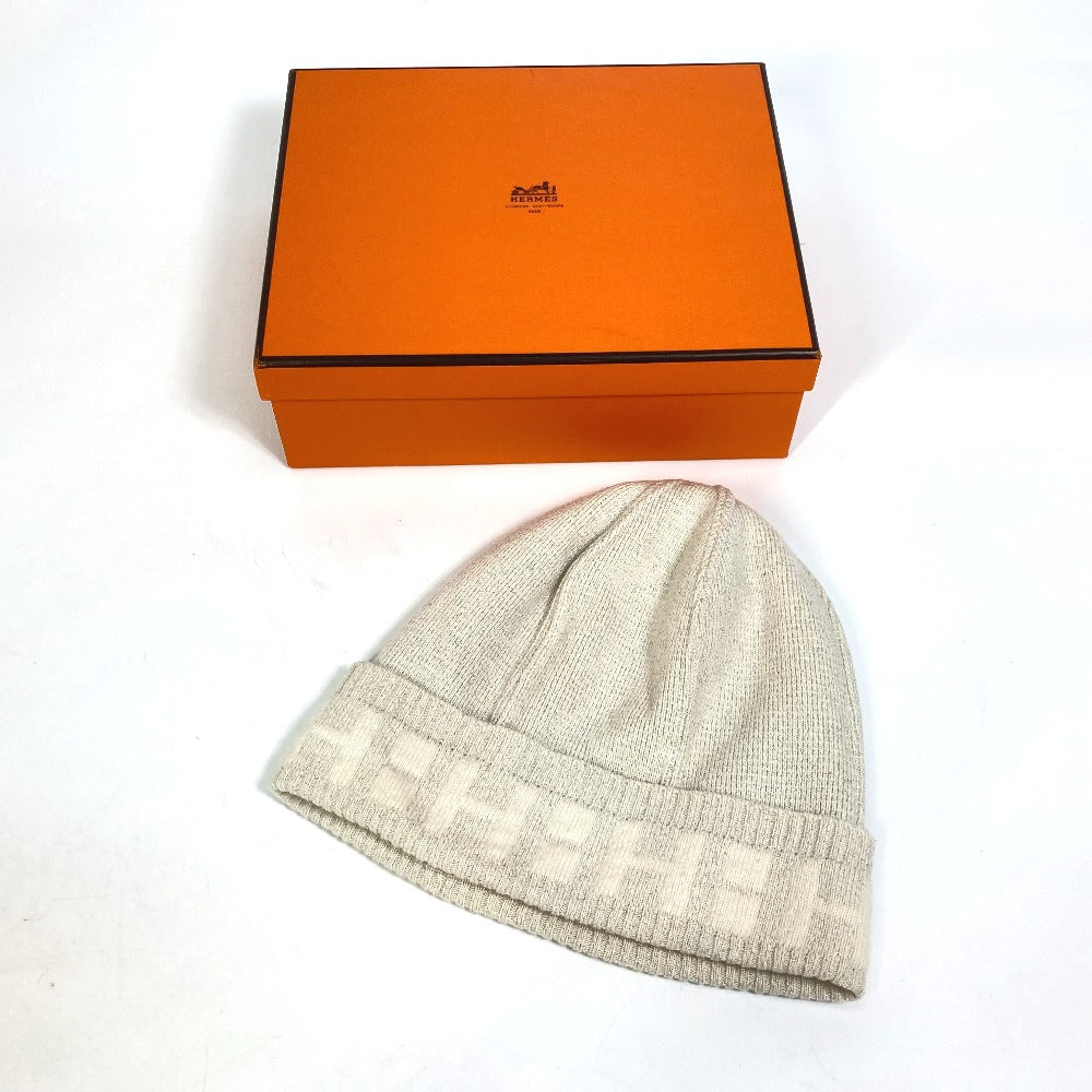 HERMES Knit hat cashmere Beige type apparel Glitter logo Women LA Used