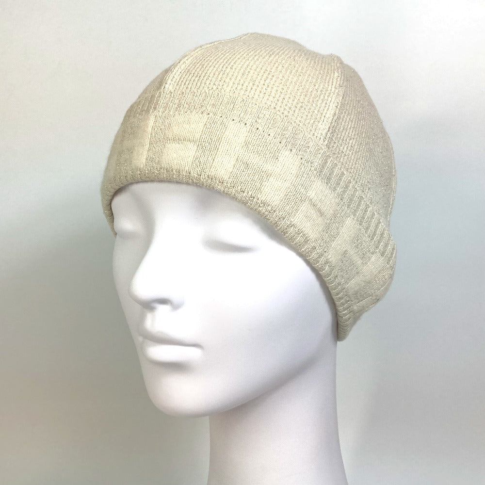 HERMES Knit hat cashmere Beige type apparel Glitter logo Women LA Used