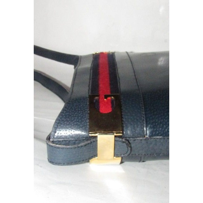Gucci Blue Hard Boxy Leather Bucket Bag w red/blue stripe