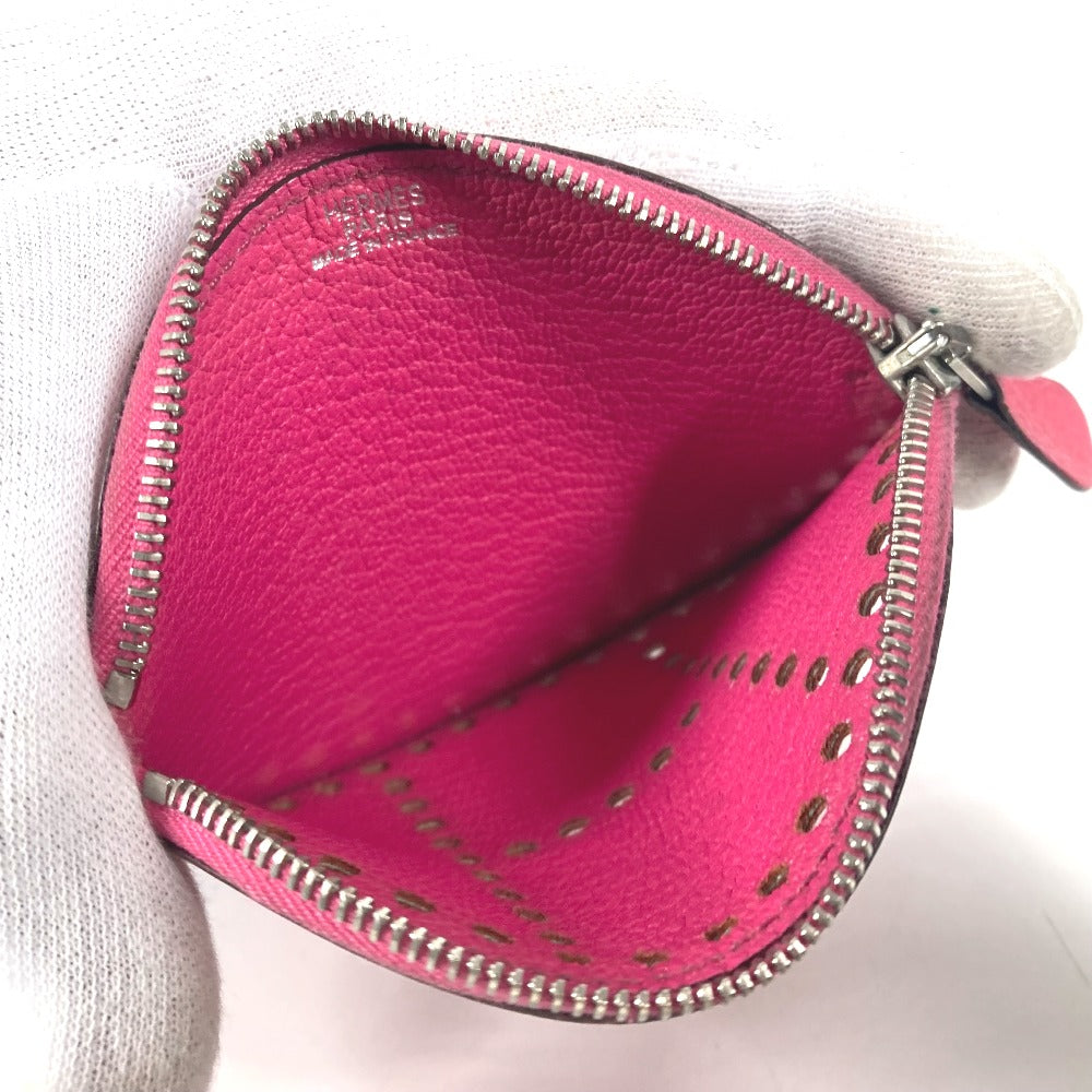 HERMES Coin case leather pink H logo Evelyn
